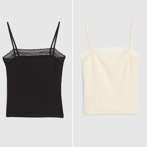NWT Madewell Lace-Trim Square-Neck Tank 2-Pack Ribbed Camisole Black Ivory XXSM